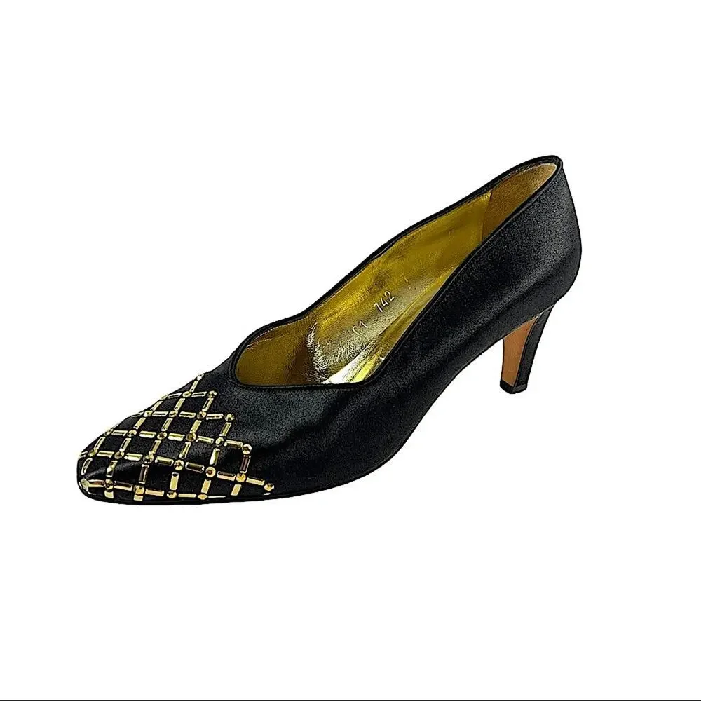 ST JOHN BLACK Vintage Satin Evening Shoes with Gold lattice design on Toe SZ 7
